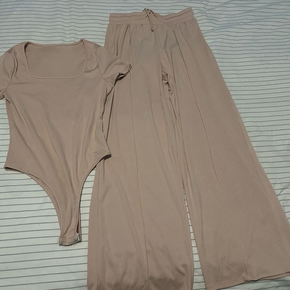 Beige Bodysuit and Wide-Leg Pants Set
